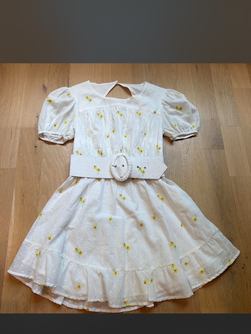 For Love & Lemons White Textured Dress with Yellow Embroidery Worn Once
